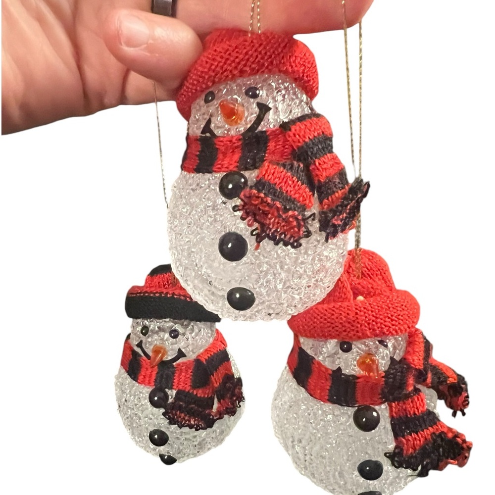 Vintage Christmas Ornaments Snowman Clear Pebbled Plastic 3” Tall Lot Of Three